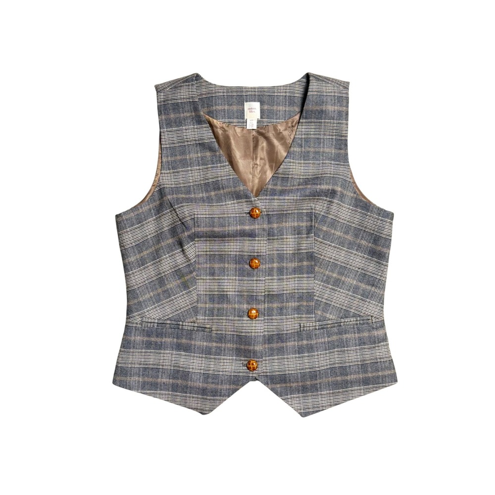 Autres Filles Plaid Waistcoat Vest Blue Tan Check V-Neck Button Vest
